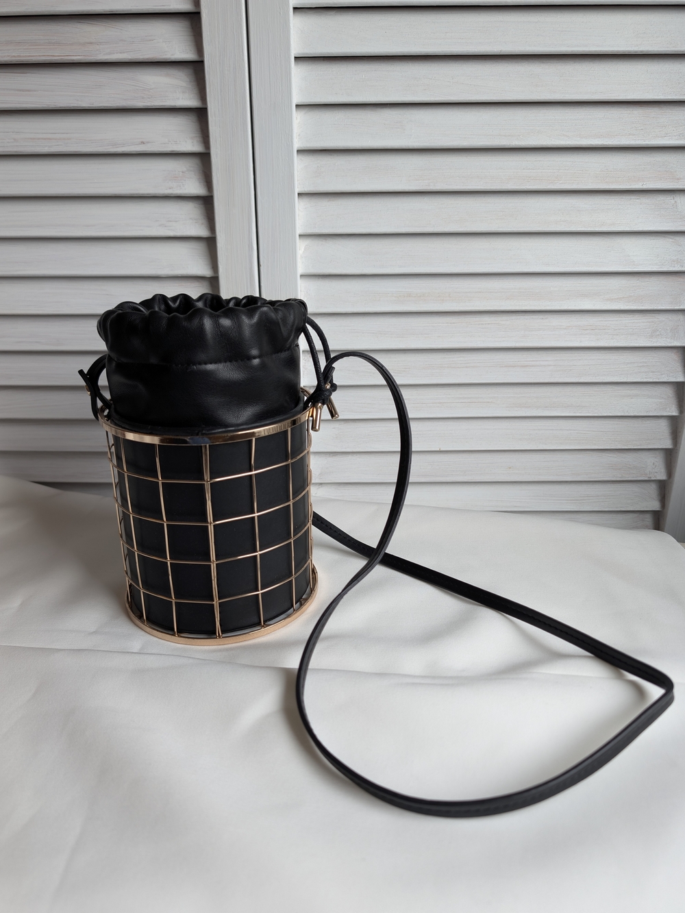 Zara Black Vegan Leather & Gold Grid Bucket Crossbody Bag